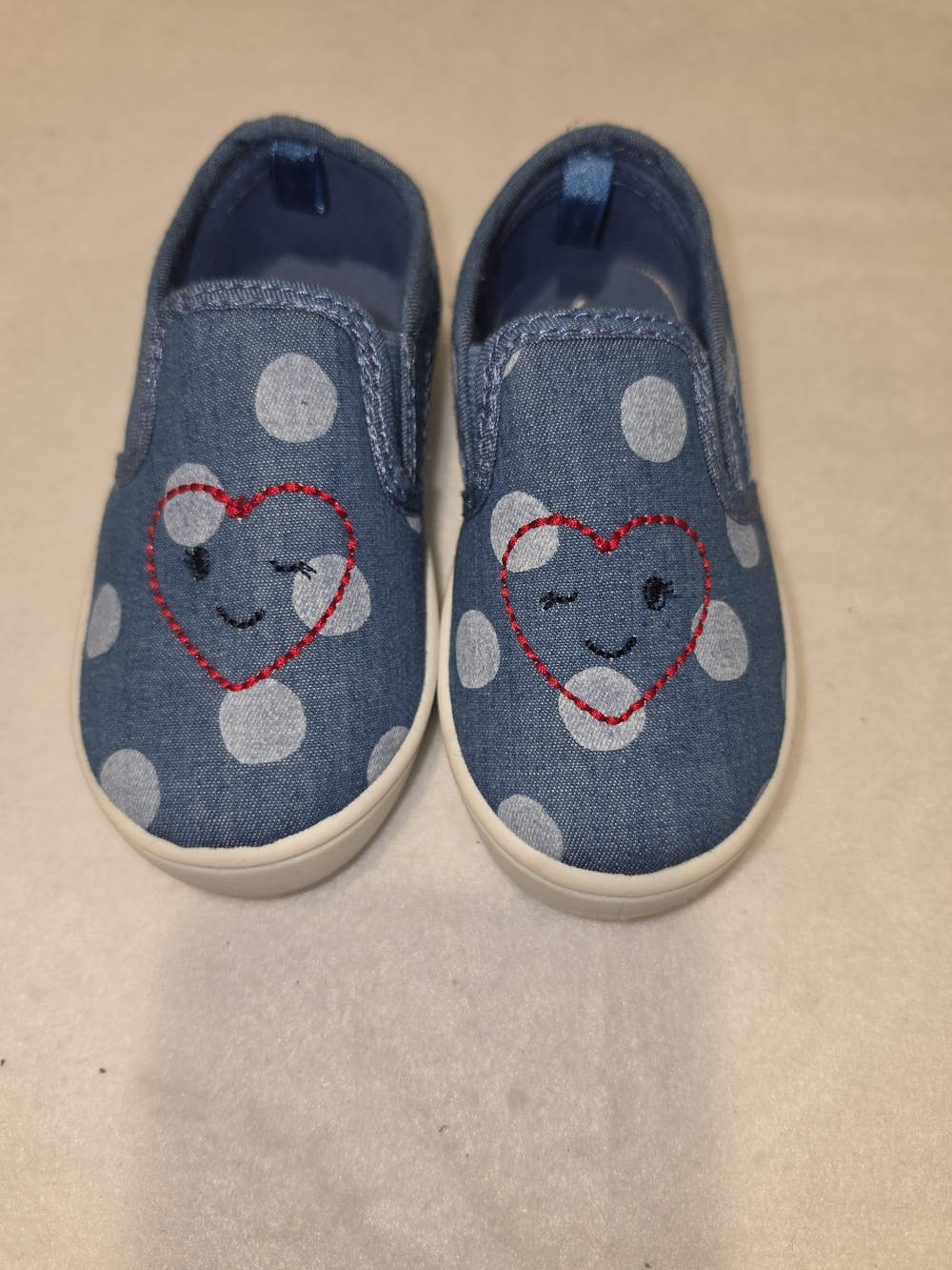 Carter's Denim Blue Polka Dot Slip-On Sneakers with Red Heart Embroidery